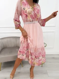Pudrowa Sukienka w Kwiaty z Paskiem 13913-364-B|Modna Kiecka New