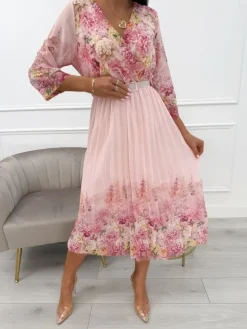 Pudrowa Sukienka w Kwiaty z Paskiem 13913-364-B|Modna Kiecka New