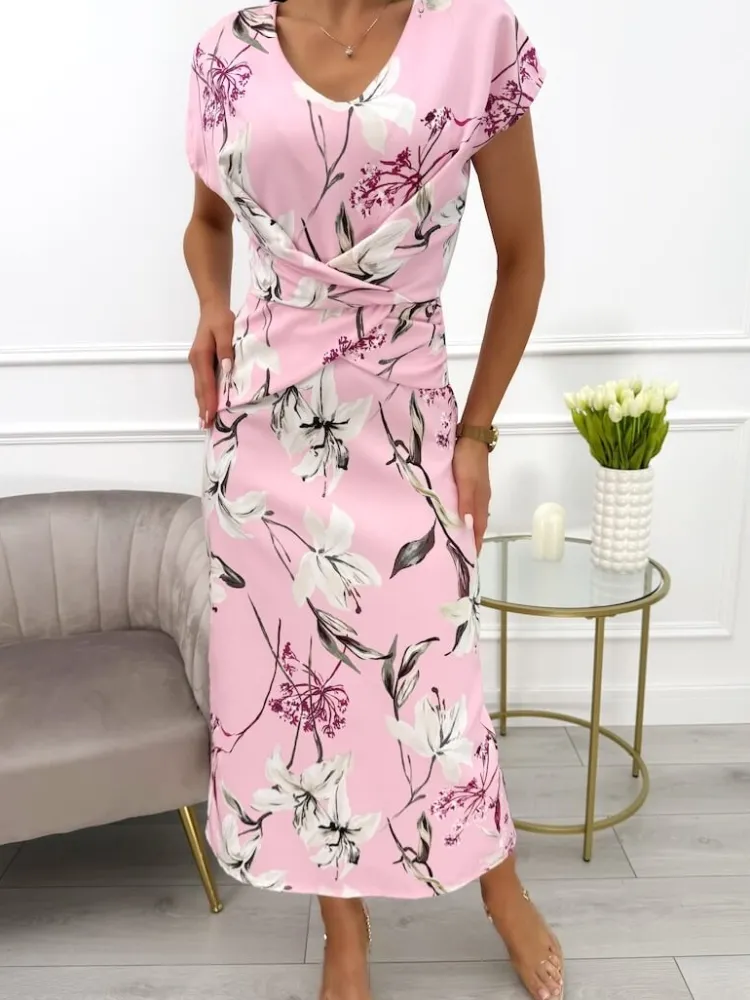 Pudrowa Sukienka w Kwiaty z Dekoltem V 13796-185-D|Modna Kiecka Sale