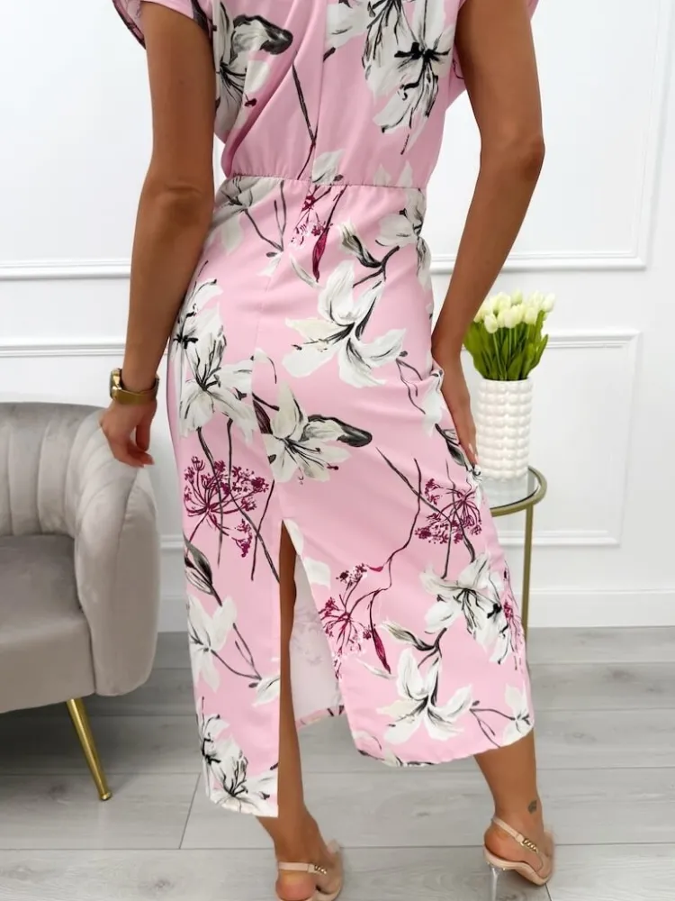 Pudrowa Sukienka w Kwiaty z Dekoltem V 13796-185-D|Modna Kiecka Sale
