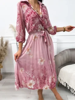 Pudrowa Sukienka w Kwiaty 11976-292-B|Modna Kiecka Clearance