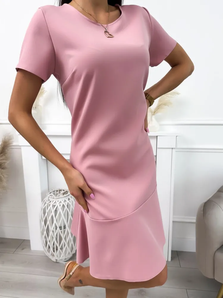 Pudrowa Sukienka z Falbanką 11931-409-E|Modna Kiecka Hot