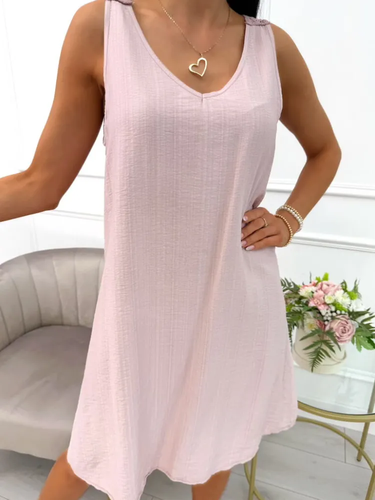 Pudrowa Sukienka z Haftem z Tyłu 14098-425-D|Modna Kiecka Discount