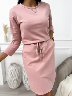 Pudrowa Sukienka z Kieszeniami 11388-259-E|Modna Kiecka Hot