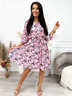 Pudrowa Sukienka z Motywem Kwiatowym 12075-279-Q|Modna Kiecka Discount