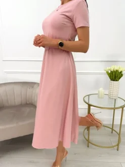 Pudrowa Sukienka z Paskiem 13662-78-C|Modna Kiecka Online
