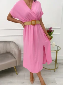 Pudrowa Sukienka z Paskiem i Rozporkiem 13627-72-I|Modna Kiecka Fashion