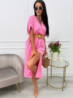 Pudrowa Sukienka z Paskiem i Rozporkiem 13627-72-I|Modna Kiecka Fashion