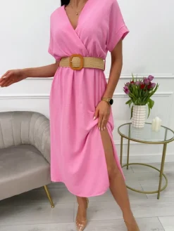 Pudrowa Sukienka z Paskiem i Rozporkiem 13627-72-I|Modna Kiecka Fashion