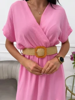 Pudrowa Sukienka z Paskiem i Rozporkiem 13627-72-I|Modna Kiecka Fashion