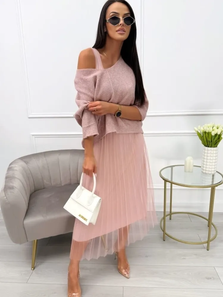 Pudrowa Sukienka ze Sweterkiem 13749-132-B|Modna Kiecka New