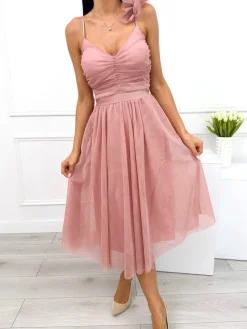 Pudrowa Tiulowa Sukienka na Ramiączkach z Ozdobą 12618-161-D|Modna Kiecka Fashion