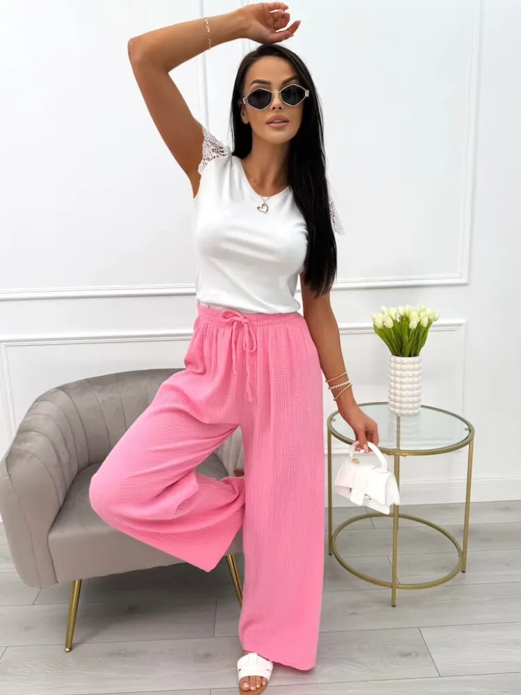 Pudrowe Bawełniane Spodnie 13988-525-C|Modna Kiecka Outlet