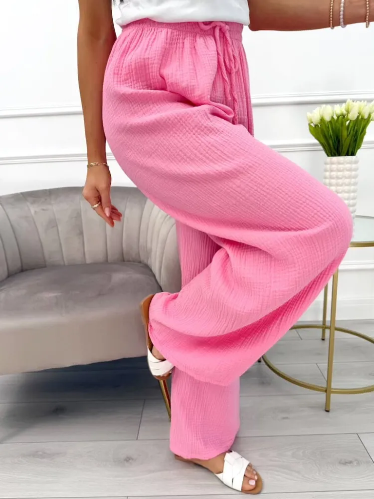 Pudrowe Bawełniane Spodnie 13988-525-C|Modna Kiecka Outlet
