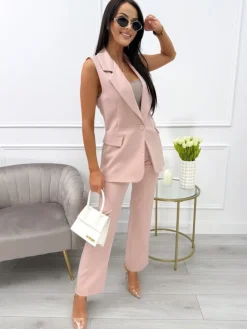 Pudrowe Eleganckie Spodnie w Kant 13795-315-C|Modna Kiecka New