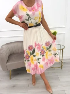 Pudrowo-Beżowa Sukienka w Kwiaty z Paskiem 13918-510-B|Modna Kiecka Fashion