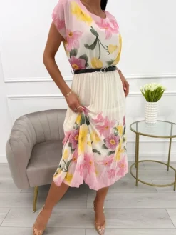 Pudrowo-Beżowa Sukienka w Kwiaty z Paskiem 13918-510-B|Modna Kiecka Fashion