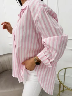 Pudrowo-Biała Koszula w Paski Oversize 13701-81-B|Modna Kiecka New