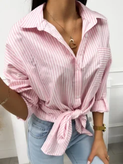 Pudrowo-Biała Koszula w Paski 10574-209-H|Modna Kiecka Fashion