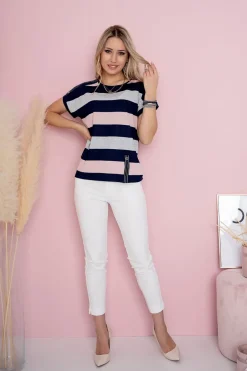 Pudrowo-Granatowo-Szara Bluzeczka w Pasy 11443-126-E|Modna Kiecka Hot