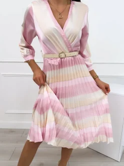 Pudrowo-Kremowa Plisowana Sukienka 12331-221-B|Modna Kiecka New