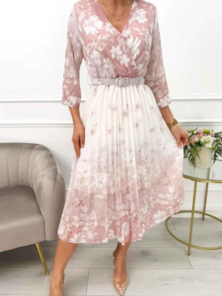 Pudrowo-Kremowa Plisowana Sukienka w Kwiaty 13604-211-C|Modna Kiecka Sale