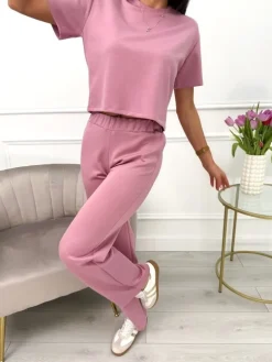 Pudrowy Komplet Crop Top + Spodnie 13641-99-D|Modna Kiecka Outlet