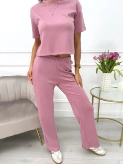 Pudrowy Komplet Crop Top + Spodnie 13641-99-D|Modna Kiecka Outlet