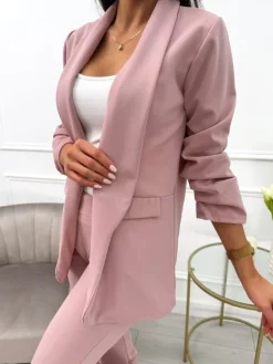 Pudrowy Komplet Marynarka + Spodnie 11421-223-O|Modna Kiecka Discount