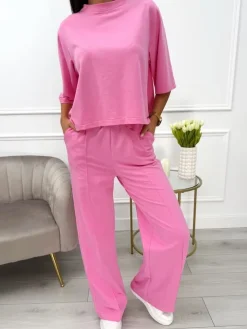 Pudrowy Komplet T-shirt Oversize + Spodnie 13789-174-D|Modna Kiecka Best