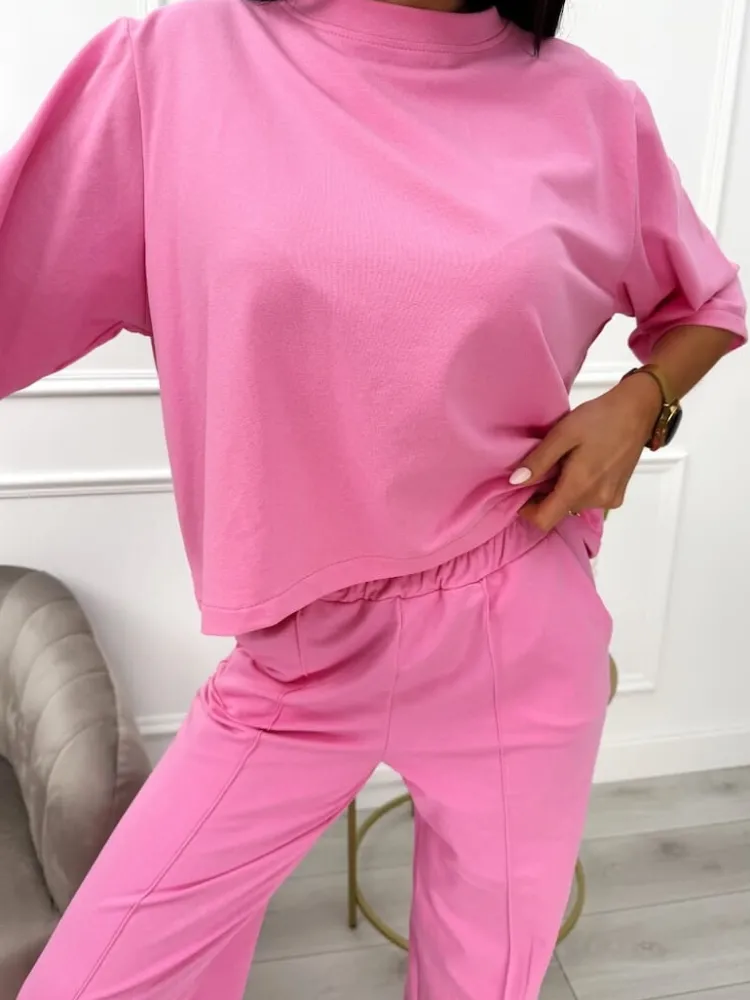 Pudrowy Komplet T-shirt Oversize + Spodnie 13789-174-D|Modna Kiecka Best