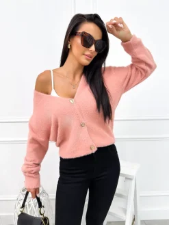Pudrowy Rozpinany Sweterek 12640-23-G|Modna Kiecka Best