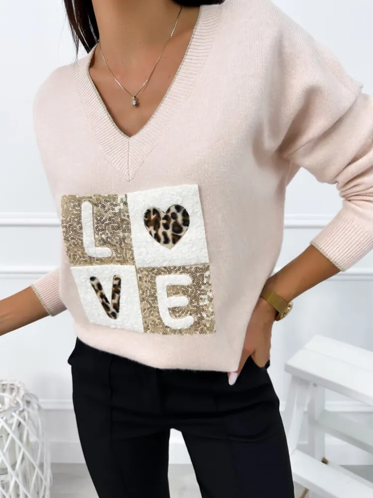 Pudrowy Sweter z Aplikacją 12770-65-H|Modna Kiecka Fashion