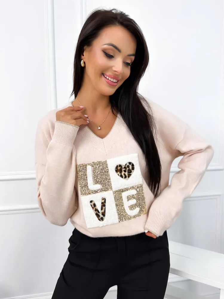 Pudrowy Sweter z Aplikacją 12770-65-H|Modna Kiecka Fashion