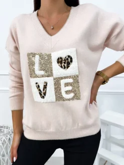 Pudrowy Sweter z Aplikacją 12770-65-H|Modna Kiecka Fashion
