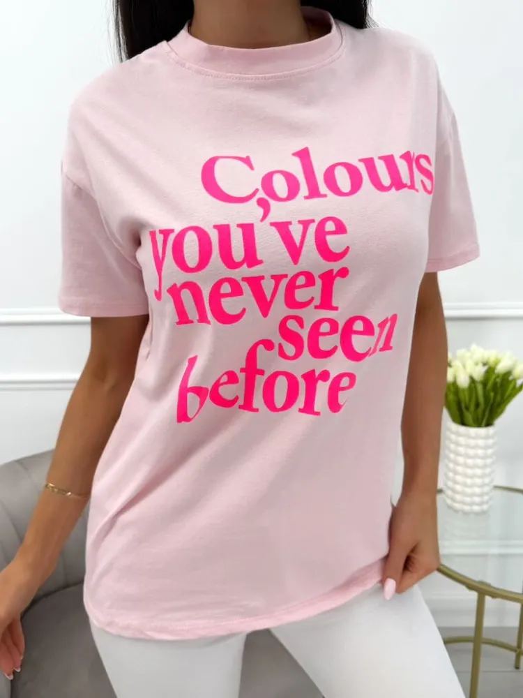 Pudrowy T-shirt z Nadrukiem 13959-41-C|Modna Kiecka Clearance