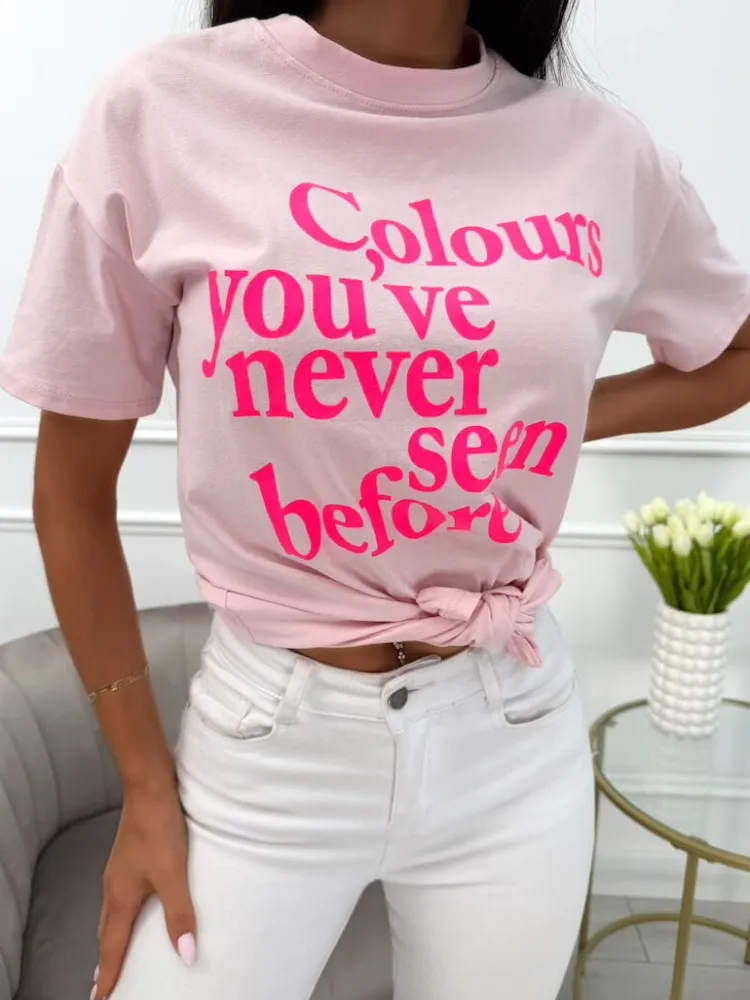 Pudrowy T-shirt z Nadrukiem 13959-41-C|Modna Kiecka Clearance