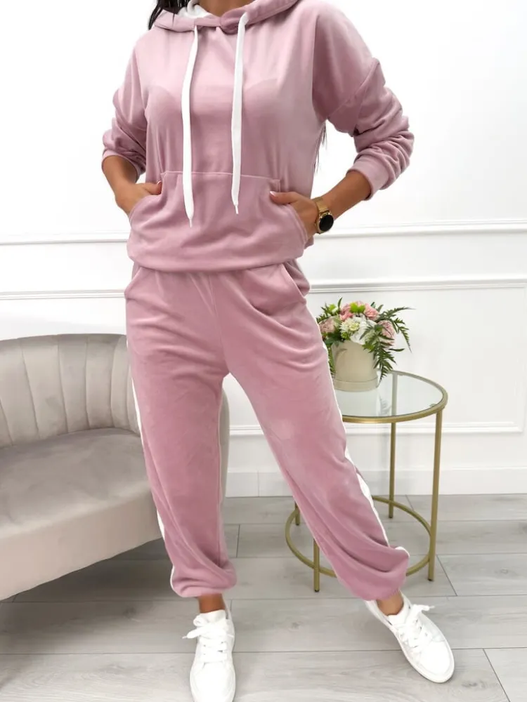 Pudrowy Welurowy Komplet 13611-26-F|Modna Kiecka Discount