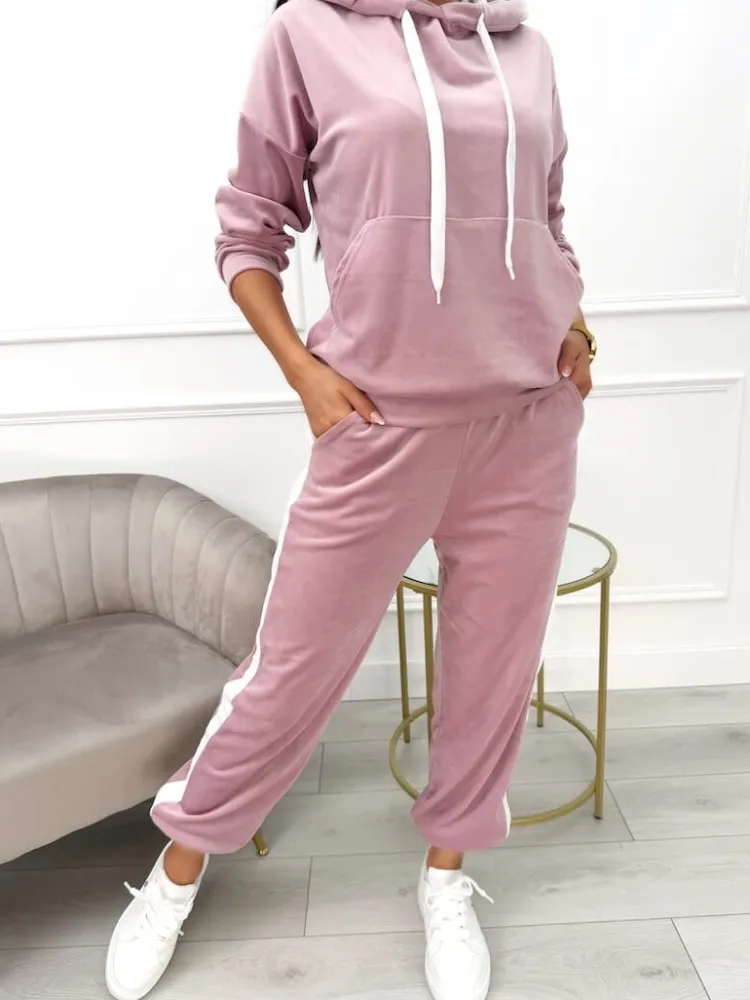 Pudrowy Welurowy Komplet 13611-26-F|Modna Kiecka Discount