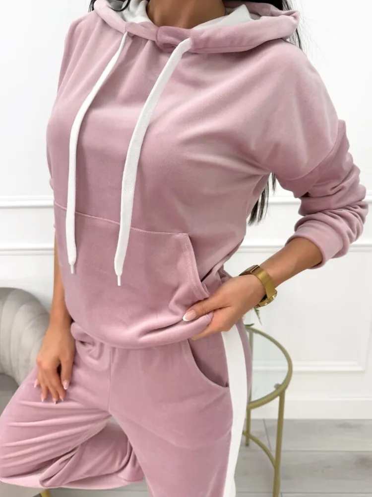 Pudrowy Welurowy Komplet 13611-26-F|Modna Kiecka Discount