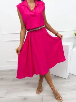 Różowa Letnia Sukienka Midi z Kołnierzykiem 12414-281-F|Modna Kiecka Fashion