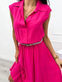 Różowa Letnia Sukienka Midi z Kołnierzykiem 12414-281-F|Modna Kiecka Fashion