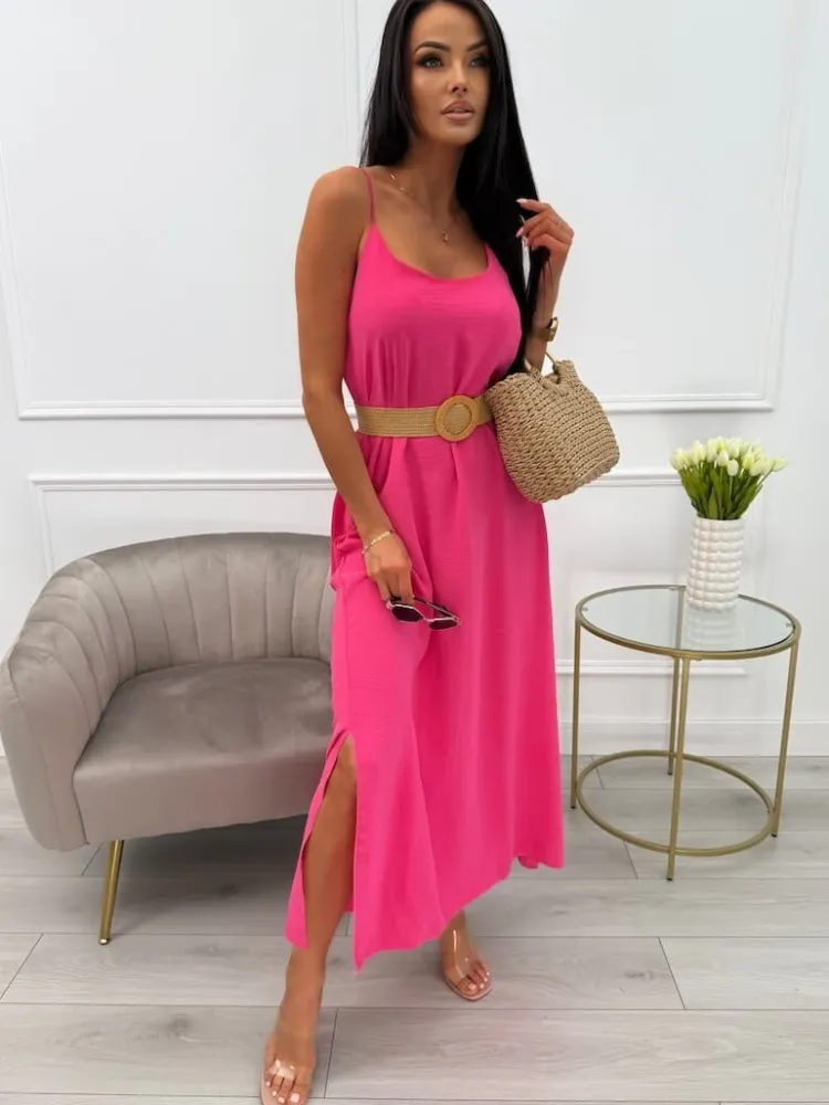 Różowa Sukienka Maxi na Ramiączkach 13880-143-H|Modna Kiecka Sale