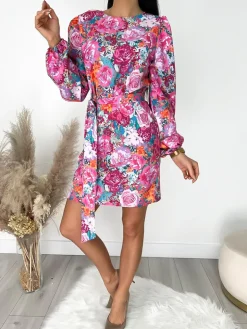 Różowa Sukienka w Róże z Paskiem 9413-323-B|Modna Kiecka Discount