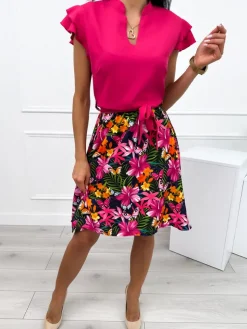 Różowa Sukienka w Roślinny Wzór  12392-331-Q|Modna Kiecka Hot