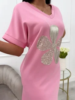 Różowa Sukienka z Aplikacją i Kieszeniami 13768-201-D|Modna Kiecka Outlet