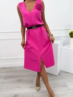 Różowa Sukienka z Broszką i Paskiem 12313-301-D|Modna Kiecka Discount