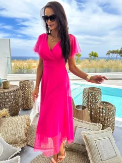 Różowa Sukienka z Kopertowym Dekoltem 10312-195-C|Modna Kiecka Clearance