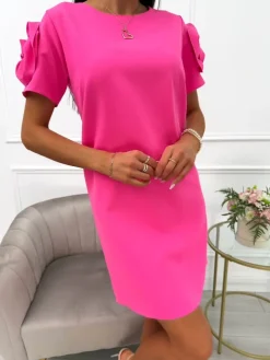 Różowa Sukienka z Ozdobą na Rękawie 14061-407-E|Modna Kiecka Hot