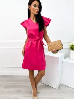Różowa Sukienka z Ozdobnym Rękawkiem 12381-178-G|Modna Kiecka Discount